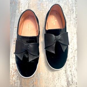 EUC Kate Spade Black Velvet Loafers with Leather Bow Detail